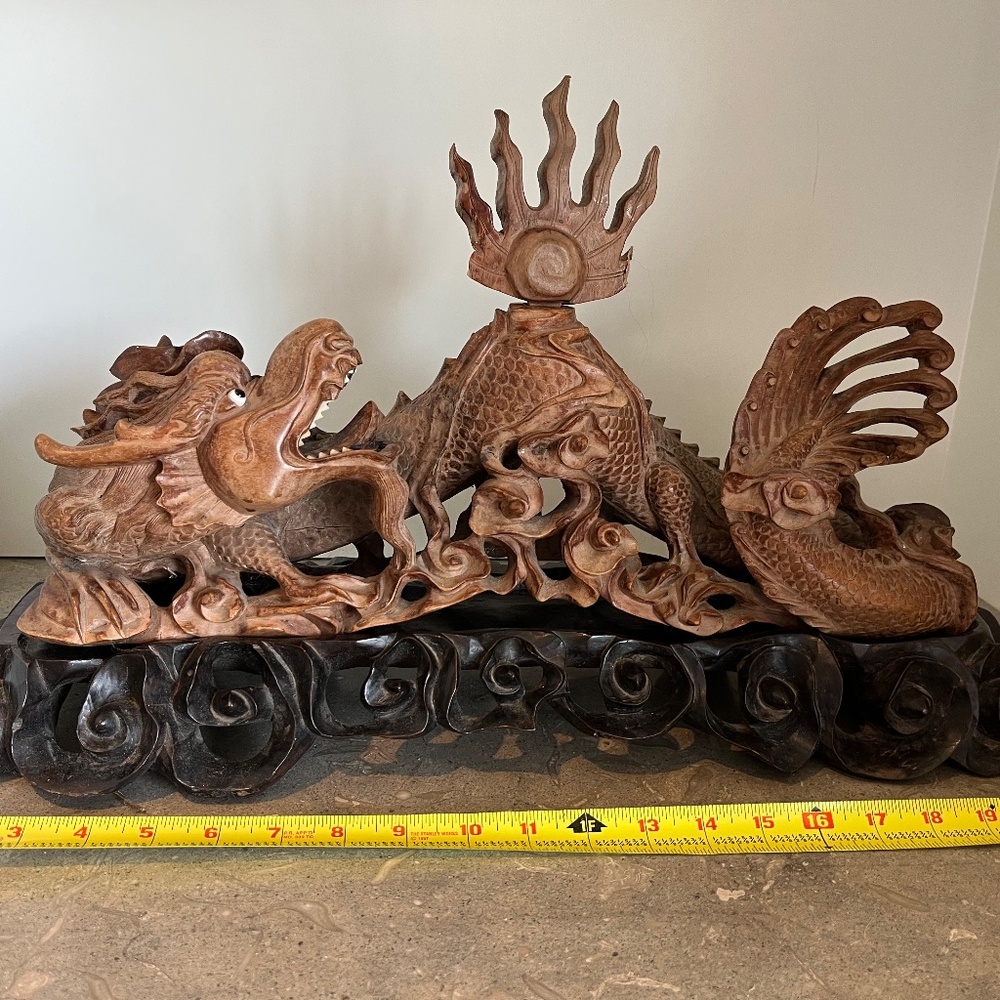 Antique Wood Carved Chinese Dragon with Display Stand